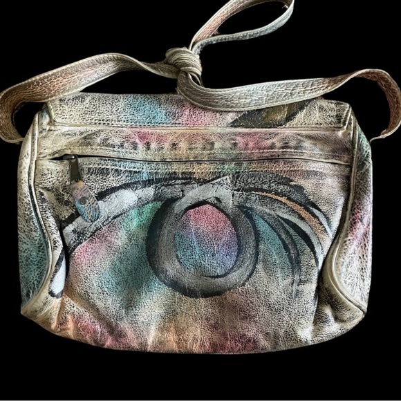 Vintage 80s Brit Rosen Signed Hand Painted Abstract Leather Shoulder Bag Purse - Picture 4 of 13
